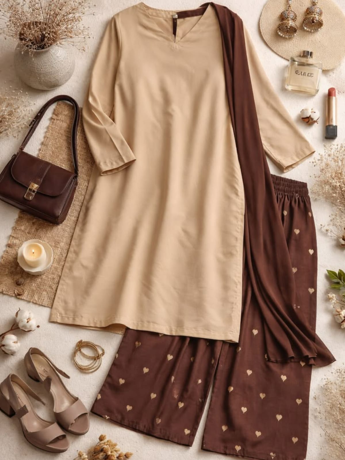 3pc Stitched | Beige Brown | Lawn